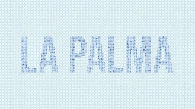 La Palma dotted map animation. Digital style shape of the island. La Palma shape and title blue dots appear with flickering effect. Spain. Creative Intro, outro, title, logo video.