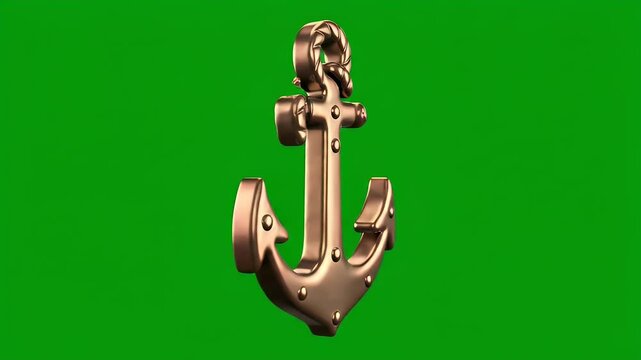 A polished bronze anchor with a coiled rope loop rests on a green background