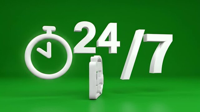 White 3D 24/7 icon with stopwatch and calendar on green background