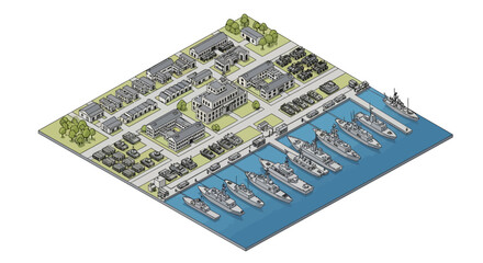 Isometric 3D illustration of a military base with buildings, harbor, and warships docked in the water, showcasing a strategic coastal defense setup © NanzZ