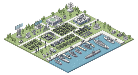 Isometric illustration of a military base with buildings, trees, and a harbor filled with warships and boats © NanzZ