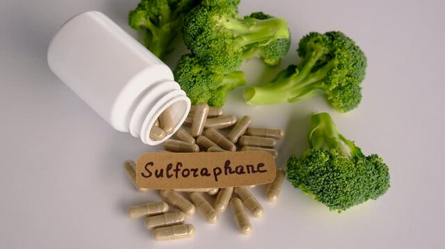 Sulforaphane supplements with broccoli sprouts. Selective focus.