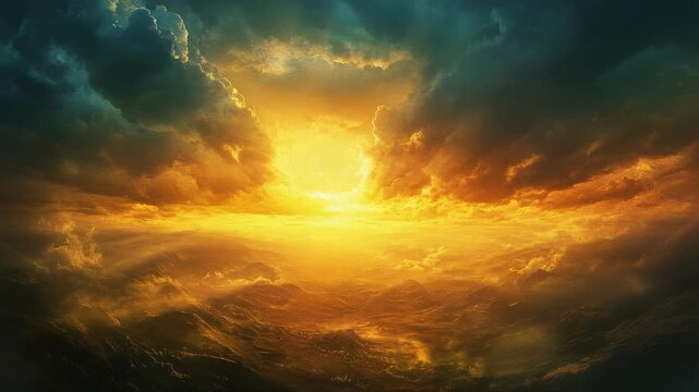 A vivid, fiery sky ablaze with light bursts, reflecting off a cloudy, wavy expanse below