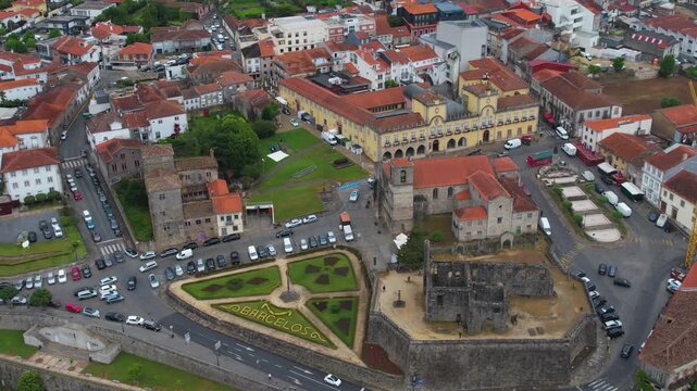 Aerial view of the downtown in the old town  of Barcelos on a cloudy summer noon in Portugal