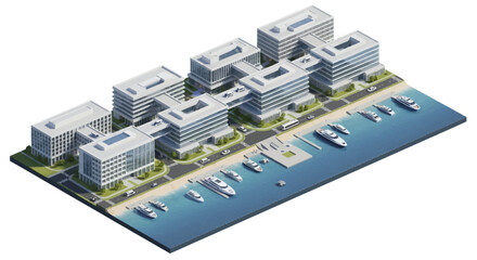 Isometric illustration of a modern military base with buildings and a harbor, featuring a strategic naval port with warships and boats © NanzZ