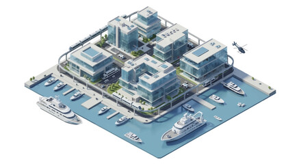 Obraz premium Isometric illustration of a modern military base with buildings, towers, and ships in a harbor, showcasing a strategic naval military base design and technology