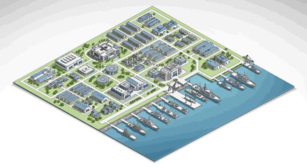 Isometric illustration of a military base with buildings, solar panels, and a harbor filled with warships and boats, showcasing a strategic naval and technological hub © NanzZ