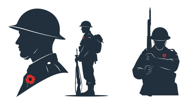 Vector illustration of anzac soldier silhouette, world war soldier shadow, and remembrance day military silhouette in dark blue against a clean white background.