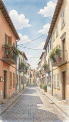 Fototapeta premium Charming European Village Street with Narrow Cobblestone Path and Colorful Buildings