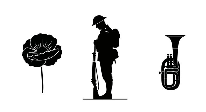 Anzac soldier silhouette standing with a rifle against a clean white background, representing a fallen soldier tribute on Remembrance Day with a solemn mood.