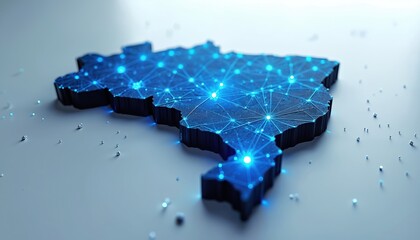 Naklejka na ściany i meble 3D map of Brazil shows digital network connections across country. Glowing blue nodes and lines represent data transfer and communication infrastructure.