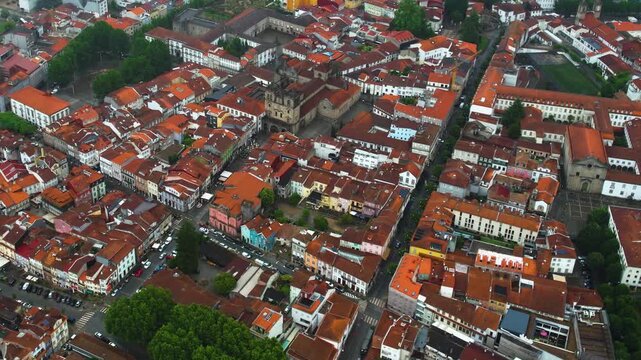 Aerial view of the downtown in the old town  of Braga on a cloudy summer noon in Portugal