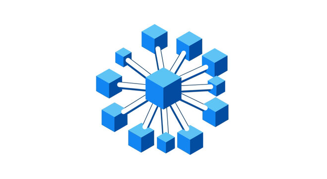 Centralized Network Structure Of Blue Cubes In Isometric View
