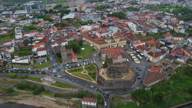 Aerial view of the downtown in the old town  of Barcelos on a cloudy summer noon in Portugal