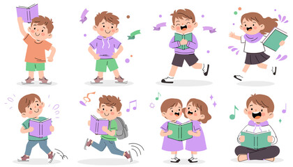 Fototapeta premium Children reading books happily together.