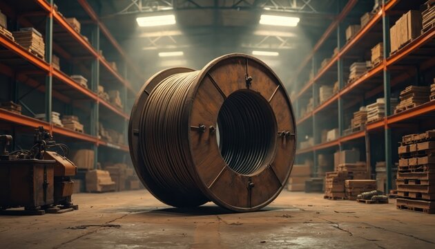 Large wooden cable spool sits in industrial warehouse storage. Shelves packed with goods. Manufacturing and power supply concept. Old factory setting.