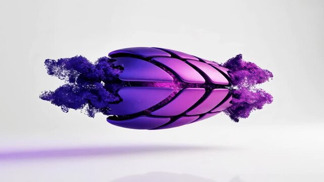 A futuristic, metallic object with a purple and pink hue, featuring a symmetrical design with curved lines