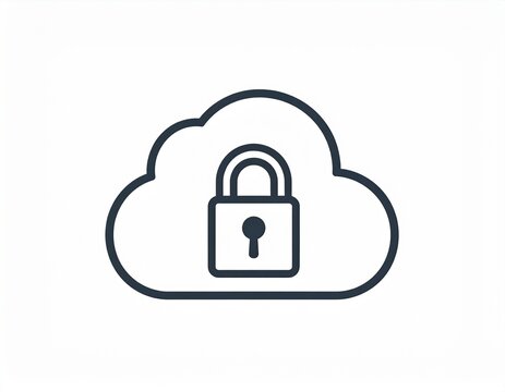 A simple black line icon depicts a cloud symbol securing data with a centered padlock against a plain white background.
