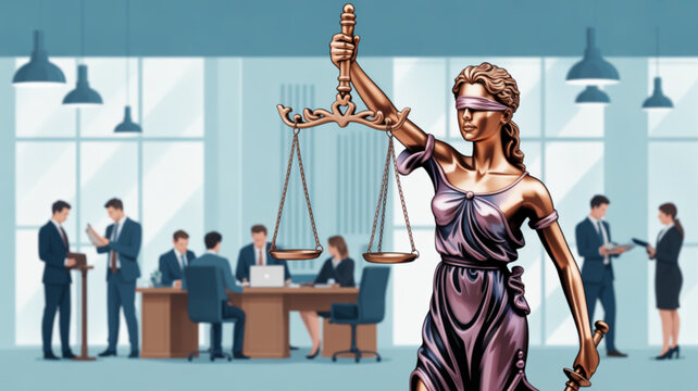 Justitia holding scales in office setting with business professionals