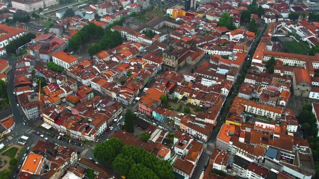 Aerial view of the downtown in the old town  of Braga on a cloudy summer noon in Portugal
