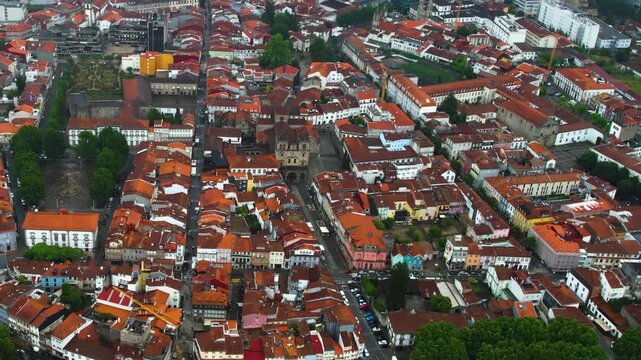 Aerial view of the downtown in the old town  of Braga on a cloudy summer noon in Portugal