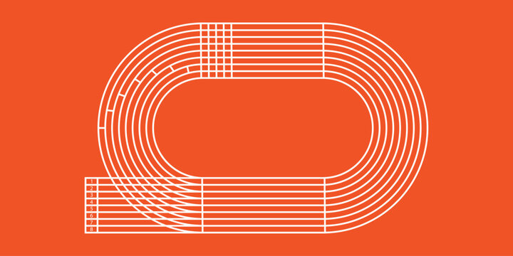 Top view illustration of an athletics running track with eight lanes in white lines on an orange background in flat design style.