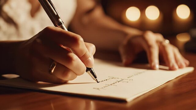 Close-up of hands writing with a pen on parchment paper in warm, soft light