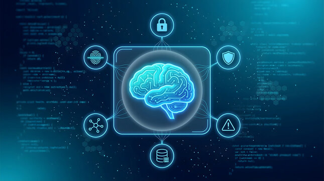 futuristic artificial intelligence brain with digital neural network icons for cybersecurity biometric fingerprint data storage and shield protection on blue coding background