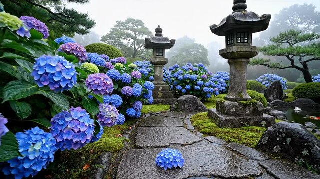 Peaceful Japanese garden path with lush blue and purple hydrangeas blooming, stone lanterns, and mossy ground after rain, serene atmosphere