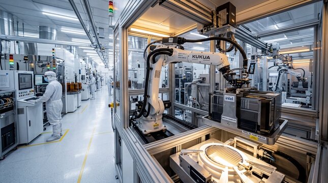 Automated Robotic Arm Handling Silicon Wafer in Semiconductor Fabrication Plant with Technician in Protective Suit Working in Cleanroom