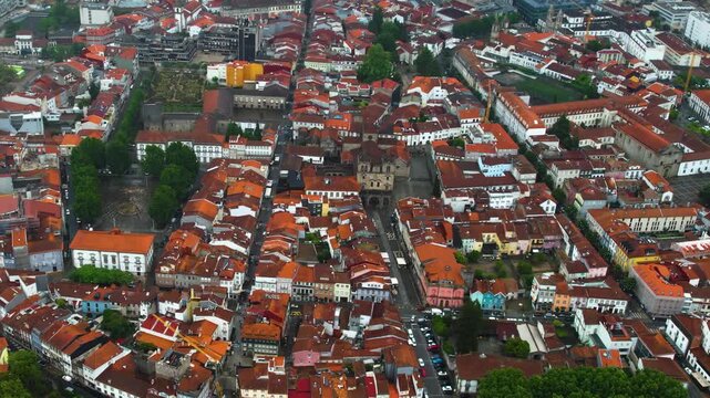 Aerial view of the downtown in the old town  of Braga on a cloudy summer noon in Portugal
