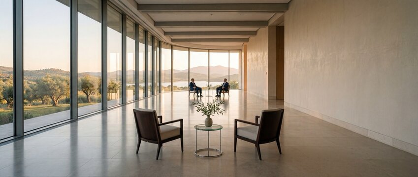 Two diplomats in suits sit for a meeting in a large modern hall with glass walls overlooking hills and a lake at sunset