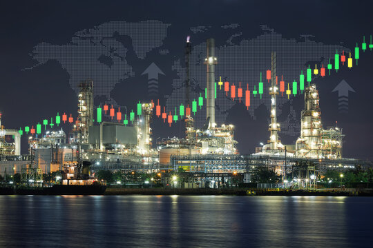 Oil refinery facility and transport ship operating in Bangkok, Thailand. Overlay of upward trending stock candlestick graph and global map across sky. Represents rising energy market prices.