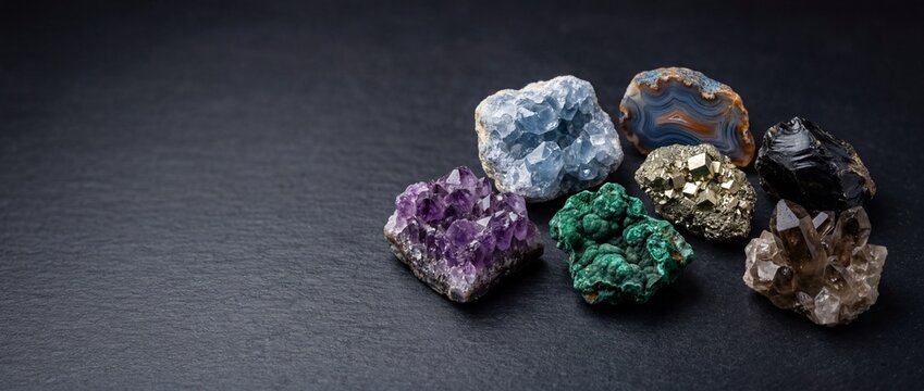 Assorted colorful raw mineral stones including amethyst and pyrite on dark stone surface representing rare earth elements and geologic wealth