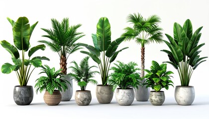 Obraz premium Variety of potted tropical plants on a white backdrop