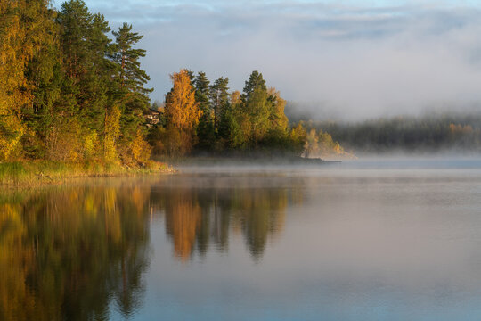 Ladoga Skerries National Park near the village of Lumivaara on an early foggy autumn morning, Republic of Karelia, Russia