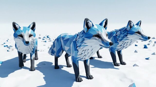Three Low Poly Blue Foxes in Snowy Arctic Landscape, Geometric Animal Art