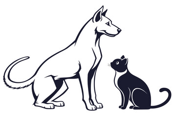 Obraz premium Loyal dog and curious cat sitting together in black and white, dog looking forward, cat looking at dog