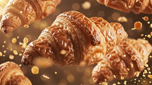 Croissants with crumbs in midair