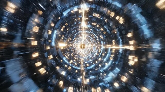 A perspective tunnel with glowing cubes, spiraling inward to a bright, central light source