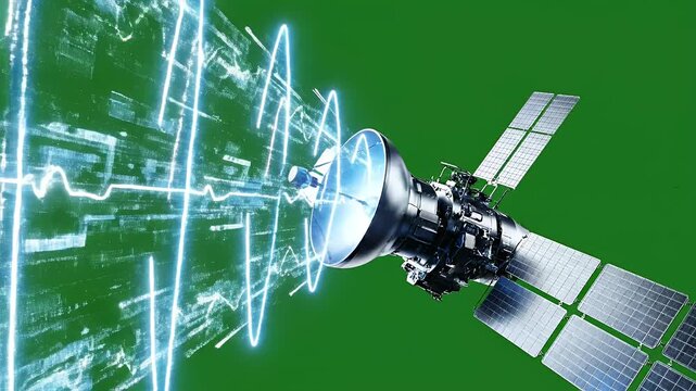 Futuristic satellite transmitting data streams through a vibrant green expanse