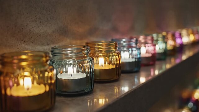 Row of colorful glass jar candles glowing warmly, creating a peaceful and cozy ambiance, ideal for holidays or relaxation