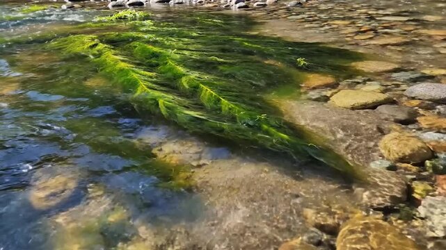 Aquatic plant life gently sways in a clear flowing stream over pebbles