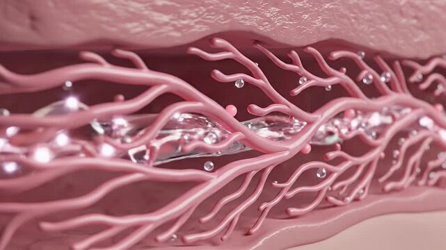 Microscopic view of branching pink vessels with transparent spheres and pink nodules