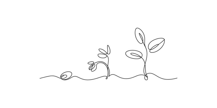 Continuous line drawing of growing plants sprouting from the ground in a single flow art