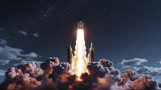 Space shuttle launch with smoke and stars