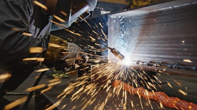 Cinematic video of a professional welder wearing a safety helmet welding mask protective gloves and heavy duty industrial uniform while welding a large steel frame structure inside a metal fabrication