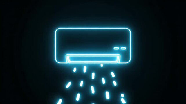 Neon air conditioner icon emitting cool blue light against a dark background