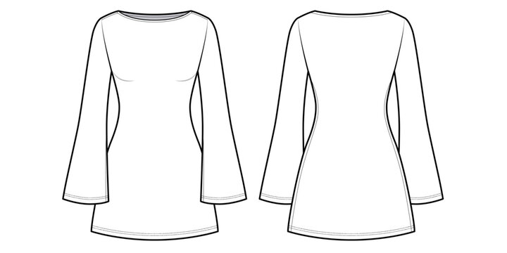 Women's Boat Neck Bell Sleeve A-Line Mini Dress-Front and Back View- Fashion Flat- Vector Illustration- CAD Mock-up