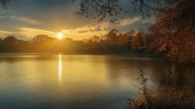 Golden hour illuminates a tranquil lake, reflecting the sun's rays, surrounded by trees